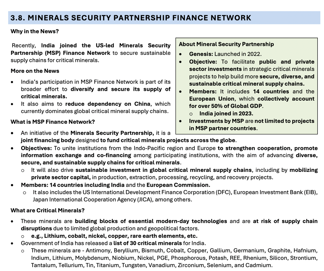 MINERAL SECURITY PARTNERSHIP UPSC PRELIMS 2025 QUESTION FROM GS PAPER 1